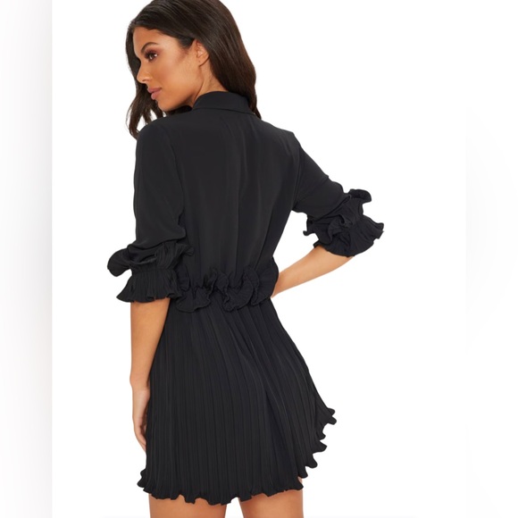 Prettylittlething Black LBD Ruffle Frill Detail Pleated Skater Mini Dress 4 - Picture 3 of 16